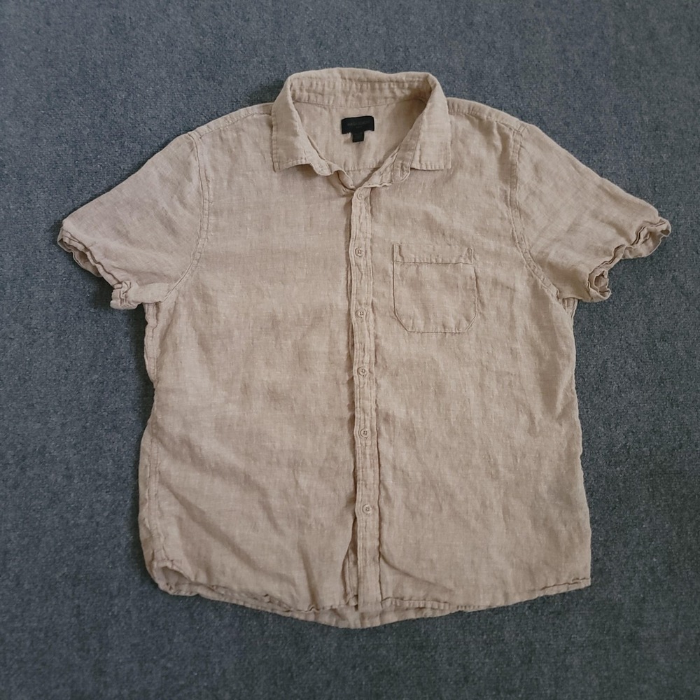 Magaschoni Shirt Mens Extra Large Beige 100% Linen Short Sleeve Casual Button Up